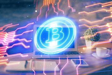 Multi exposure of blockchain theme hologram and table with computer background. Concept of bitcoin...
