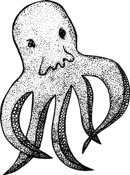 Vector black and white octopus. Minimalistic graphics. Cute vector flat illustration. Tattoo sketch. Pointillism