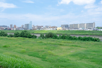 大和川堤防から大阪市と堺市方面への都市景観・標準