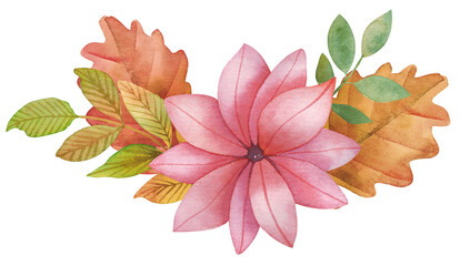 Botanical bouquet of pink flowers with orange leaves and branches. Hand drawing floral Design illustration. Flowers and green leaves. Perfect for wedding invitations, greeting cards and more