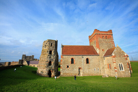 England, Saint Mary de Castro church and roman lighthouse of Dover castle.