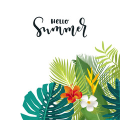 Hello Summer calligraphy card. Vertical summertime banner, poster with exotic tropical leaves, flowers. Bright jungle background. Vivid colors. Hawaiian beach party backdrop. Eps 10 vector