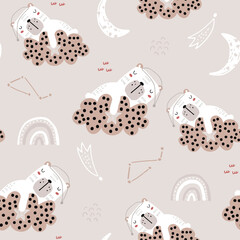 Seamless childish pattern with cute bears on clouds, moon, stars,rainbows. Creative scandinavian style kids texture for fabric, wrapping, textile, wallpaper, apparel. Vector illustration
