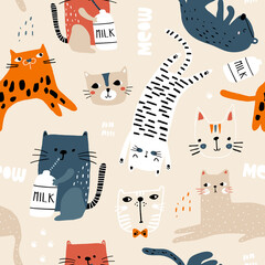 Seamless childish pattern with cute cats in different poses. Creative kids hand drawn texture for fabric, wrapping, textile, wallpaper, apparel. Vector illustration