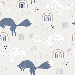 Fotobehang Vos Naadloos kinderachtig patroon met springende vossen en regenbogen. Creatieve stadstextuur voor kinderen voor stof, verpakking, textiel, behang, kleding. vector illustratie