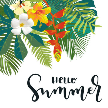 Hello Summer Calligraphy Card. Vertical Summertime Banner, Poster With Exotic Tropical Leaves, Flowers. Bright Jungle Background. Vivid Colors. Hawaiian Beach Party Backdrop. Eps 10 Vector