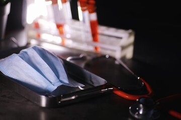 Personal protective equipment. Disposable medical mask. Gauze bandage for respiratory protection. Medical accessories.