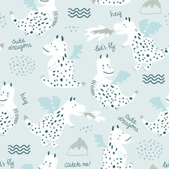 Childish seamless pattern with cute dragons in scandinavian style. Creative vector childish background for fabric, textile