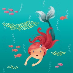 Cute Little Mermaid with Long Red Hair Smiling and Swiming Down in the Ocean with Colorful Fish Character Design Vector Gradient Illustration Vector Brush Painting Clip Art Cartoon 