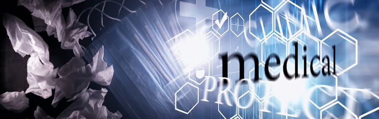 Personal protective equipment. Disposable medical mask. Gauze bandage for respiratory protection. Medical accessories.