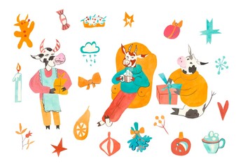 bulls.Festive collection in the New Year theme.Clip art with a Christmas  walnut, gingerbread,branches of plants,snowflakes.Illustrations for banners.