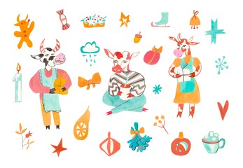 Big watercolor set of Christmas elements with bulls.Festive collection in the New Year time.Clip art with bows,gingerbread,sprigs of plants,snowflakes,skates,amela,cocoa.Illustrations for leaflets.