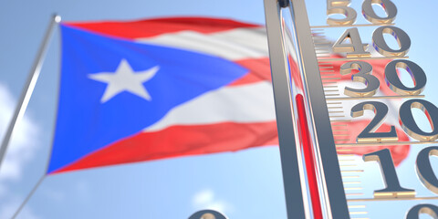 30 degrees centigrade on a thermometer measuring air temperature near flag of Puerto Rico. Hot weather forecast related 3D rendering