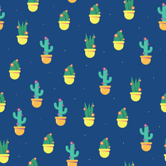 Vector seamless pattern of flowers in pots on dark blue background