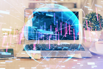 Multi exposure of forex graph and work space with computer. Concept of international online trading.