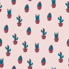 Vector seamless pattern of flowers in pots on pink background