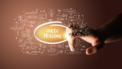 Hand touching FOREX TRADING inscription, hand drawn icons around, business plan concept