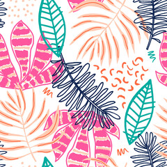 Seamless tropical pattern with hand drawn plants, leaves. Jungle summer background. Perfect for fabric design, wallpaper, apparel. Vector illustration