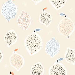 Seamless fruit pattern with creative lemons. Abstract summer fruit background. Great for fabric, textile, apparel. Vector illustration
