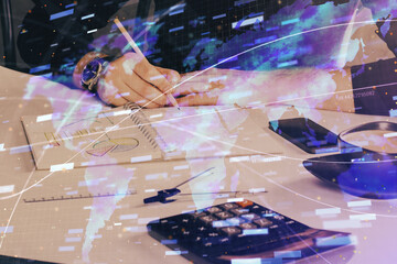 Writing Man hands with data theme multi exposure icons.