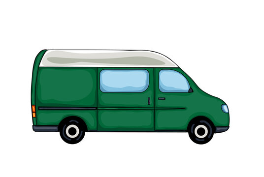 Dark green hand drawn van, isolated on white background. Illustration. 