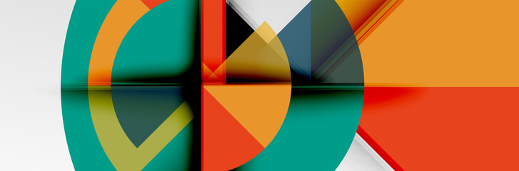 Bright color circles, abstract round shapes and triangles composition with shadow effects. Vector modern geometric design template