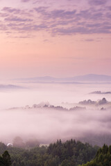Fototapeta premium Pink Sunrise with Clouds and Fog at Rolling Hills