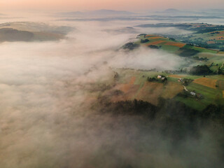 Fototapeta premium Drone View on Sunrise Above Polish Countryside in Mountains