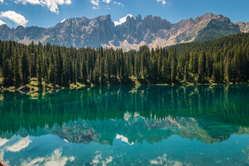 Scenic view of Carezza Lake - Lago di Carezza - Karersee, South Tyrol, Italy.