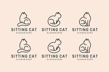set sitting cat with line art logo design inspiration