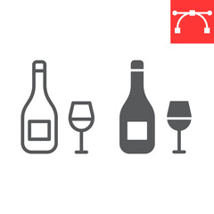 Wine line and glyph icon, rosh hashanah and alcohol, wine bottle with glass sign vector graphics, editable stroke linear icon, eps 10.