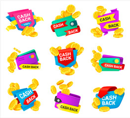 Cash back icons set with wallet, coins, bank card, arrows. Money refund label. emblem, sticker.