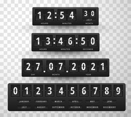 Countdown timer realistic set. Departure airport board, schedule. Flip scoreboard. Digital calendar.