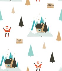 Hand drawn vector abstract fun Merry Christmas time cartoon seamless pattern with cute illustrations,Santa Claus and Eve outdoor with pine forest and house isolated on white background