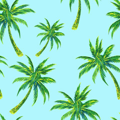 watercolor coconut trees on blue background seamless pattern