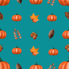 Bright picture with the image of painted pumpkin. Close-up, view from above, no people. Watercolor paint. Concept of delicious and healthy food