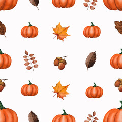 Beautiful card with various drawings on the autumn theme, painted with watercolors. Close-up, view from above