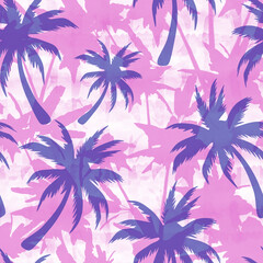 Fototapeta na wymiar blue silhouettes of coconut trees seamless pattern on abstract pink background