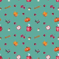 Beautiful card with various drawings on the autumn theme, painted with watercolors. Close-up, view from above