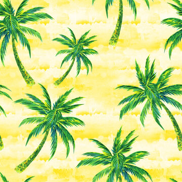 Watercolor illustration of a hand drawn coconut palm, seamless pattern with tropical palm trees on yellow background.