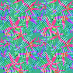 floral pattern with watercolor tropical leaves and colorful flowers on green background