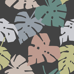 Seamless pattern with monstera leaves, vector eps 10 illustration on dark background