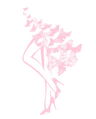 vector outline of slim female legs wearing high heeled stiletto shoes among flying butterflies