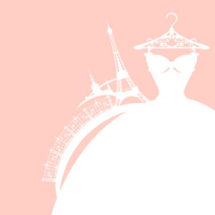 Fototapeta na wymiar classic style bridal dress with eiffel tower silhouette - wedding ceremony in Paris vector silhouette design