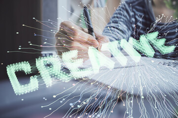 Start up creative drawing over close up hands on background. Concept of brainstorming. Multi...