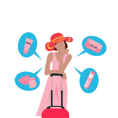Cartoon vector illustration flat design in front of beautiful girl wearing pink dress , is standing, foot chin by left hand  and Red suitcases, thinking hand gel, alcohol paper wipes ,face mask shield