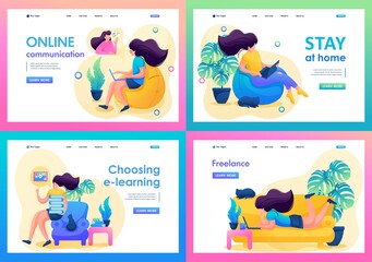 Set 2D Flat on the topic of female self-isolation, work at home, online training. For Landing page concepts and web design