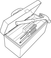 An open toolbox with a hammer, a slotted tip screwdriver and a cross tip screwdriver