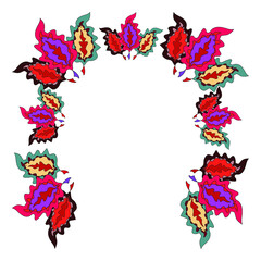 Floral frame in the form of an arch made of abstract colorful leaves. Isolated on white background. Hand-drawn. Vector illustration.