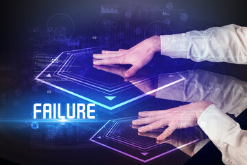 Hand touching digital table with FAILURE inscription, new age security concept